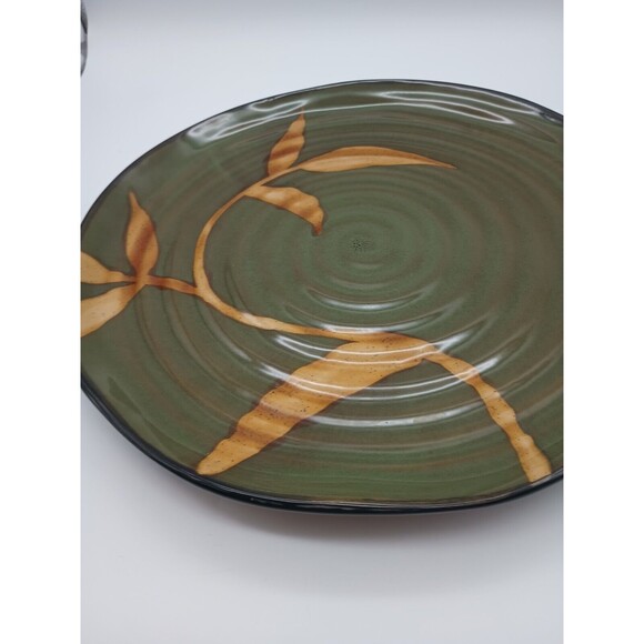 Pier One Large Round Serving Platter Dark Green Swirled Golden Leaves Dakara 13" - Picture 5 of 7